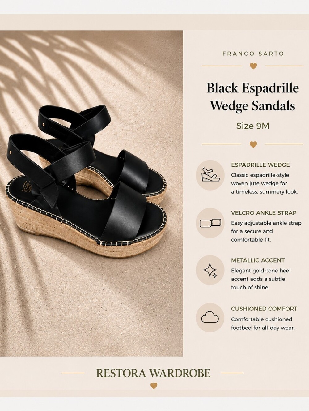Franco Sarto Black Espadrille Wedge Sandals Size 9M